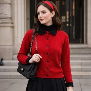 Valerie Stevens Red 100% Merino Wool Cardigan‎ Sweater LP Preppy Money heritage
